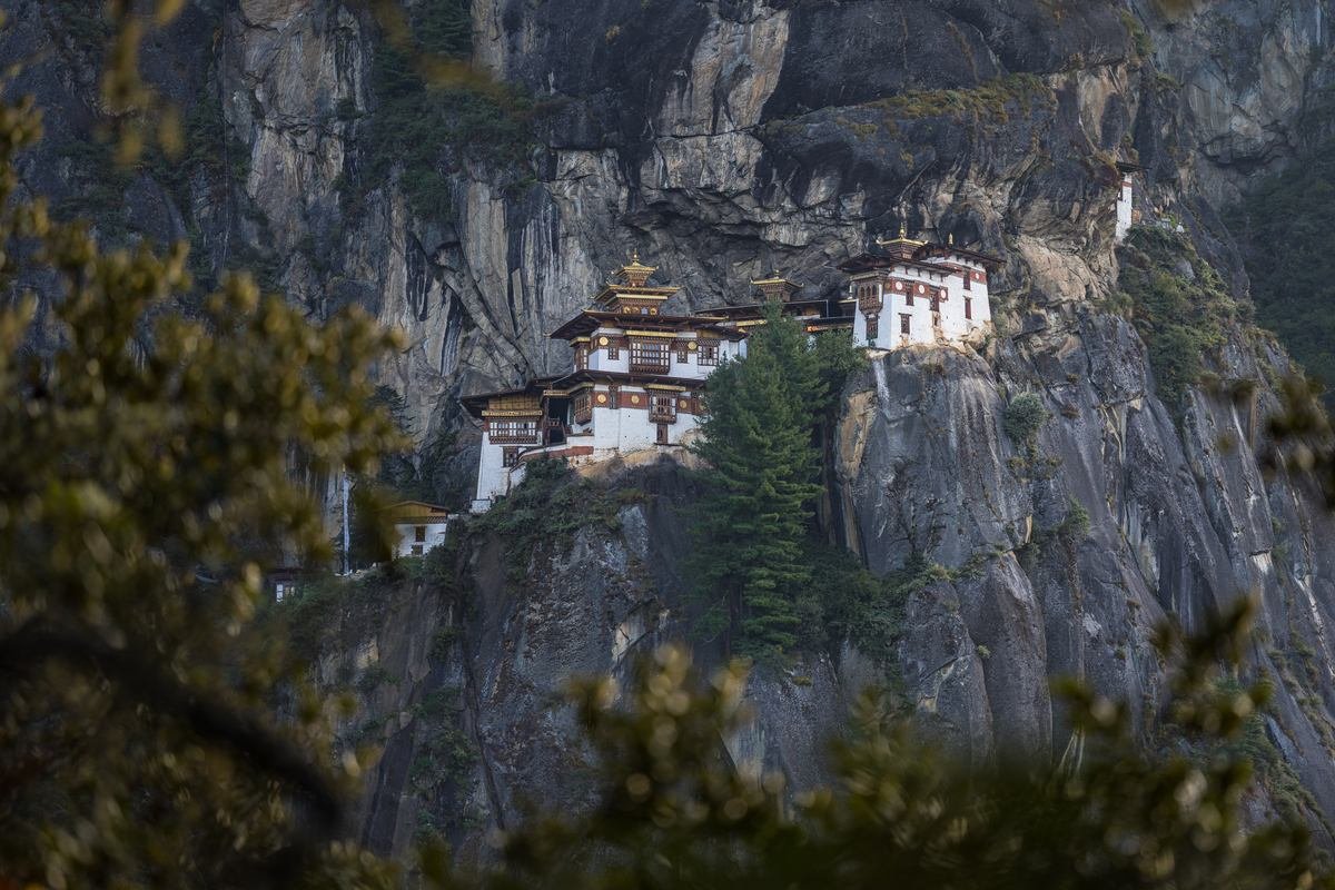 Tiger's Nest Monastery clinging to a cliffside in Paro, Bhutan