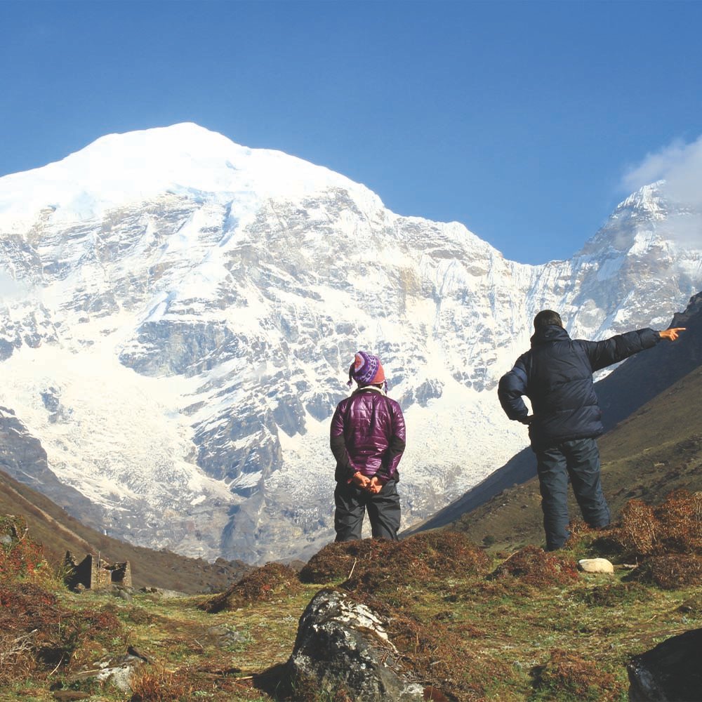 Trekkers viewing Mount Jomolhari